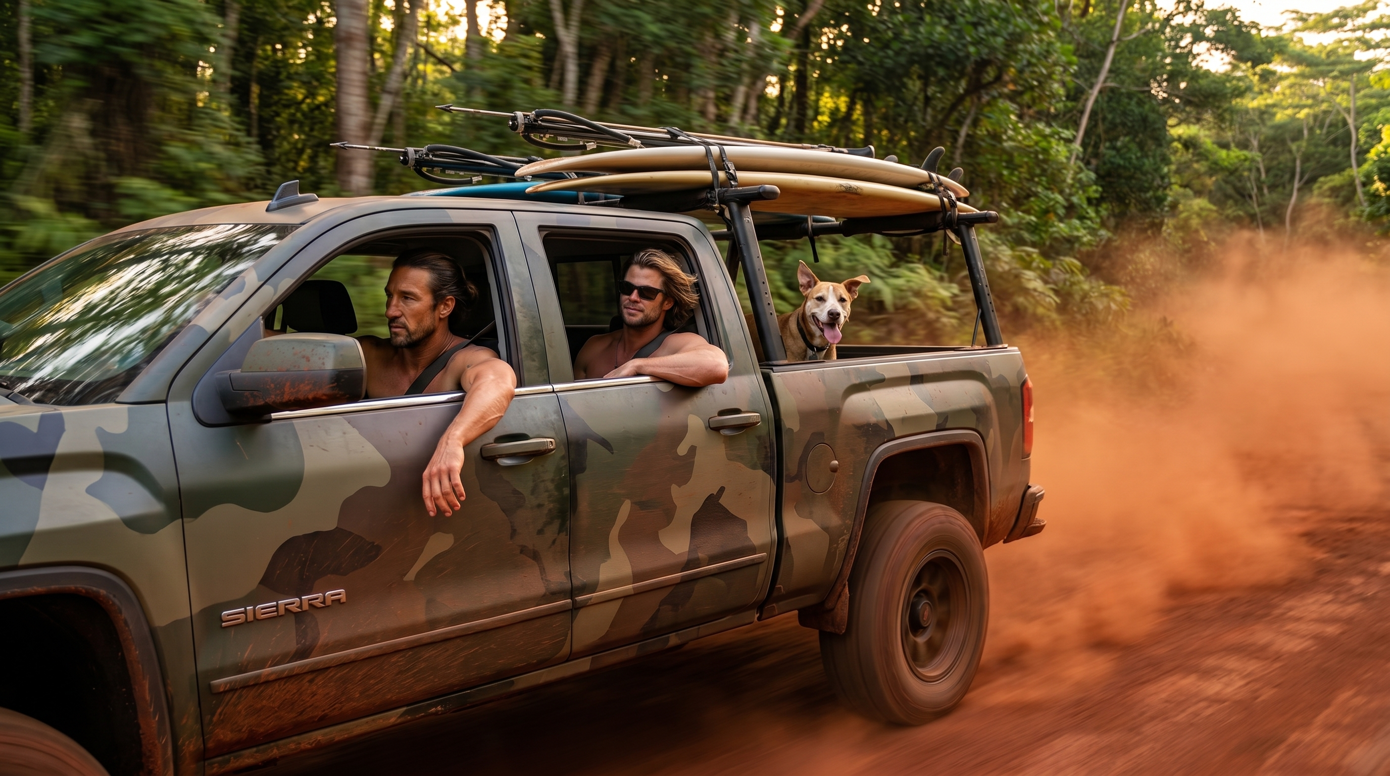 Camo truck on red dirt road