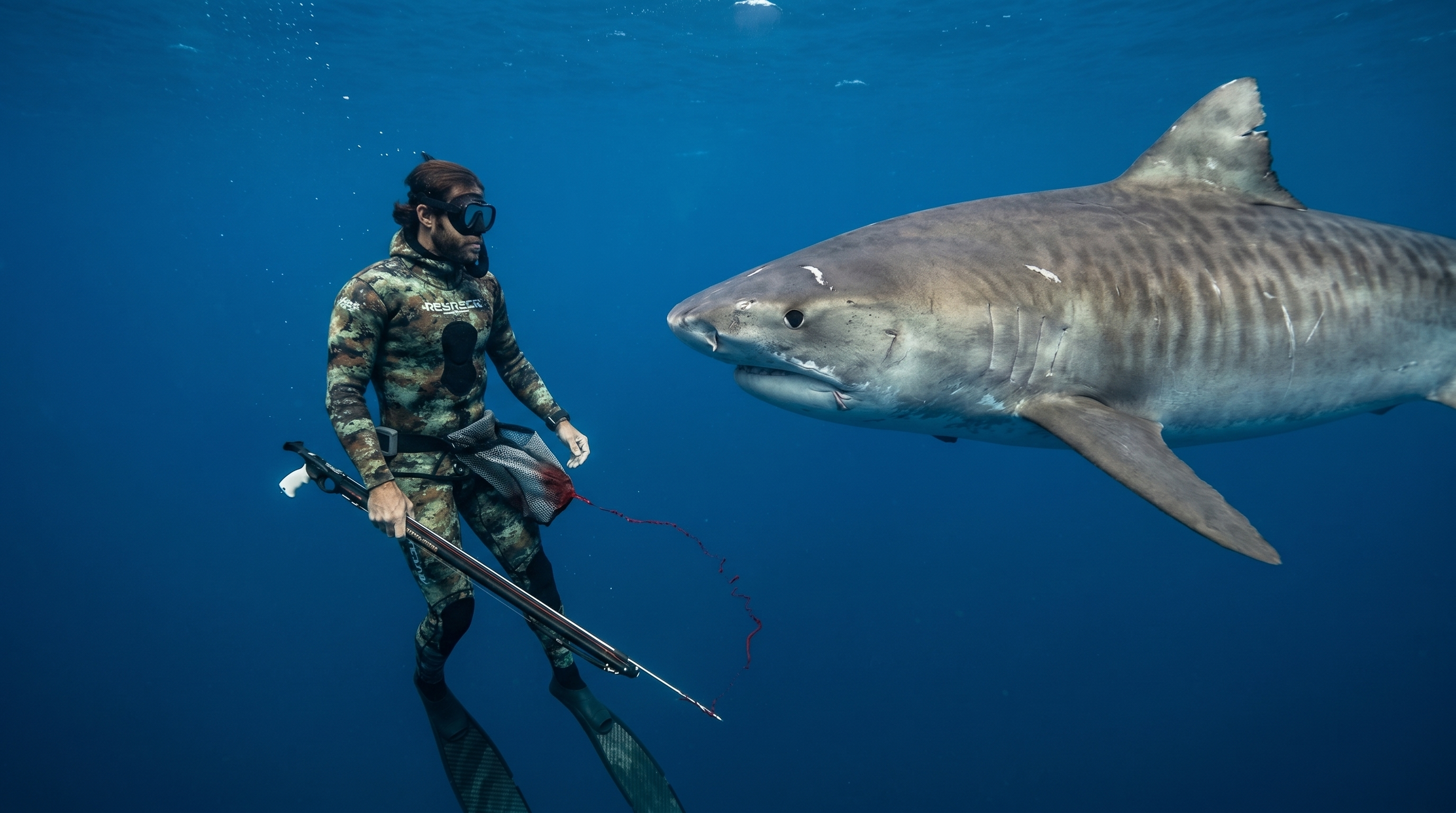 Spearfisher with tiger shark